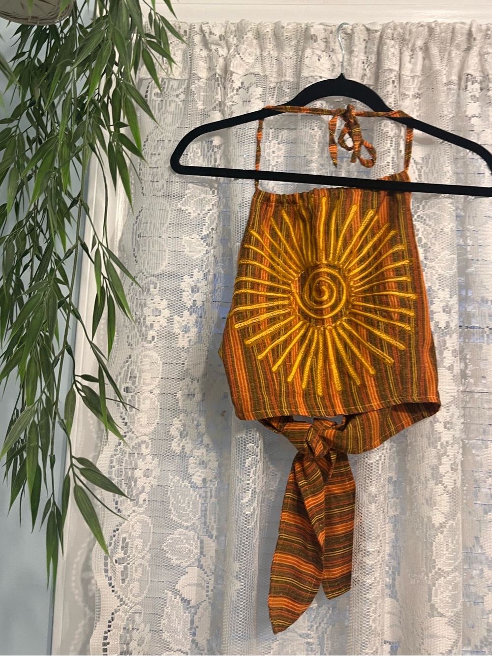 Boho Sunburst Halter Crop Top - Orange Yellow Stripes